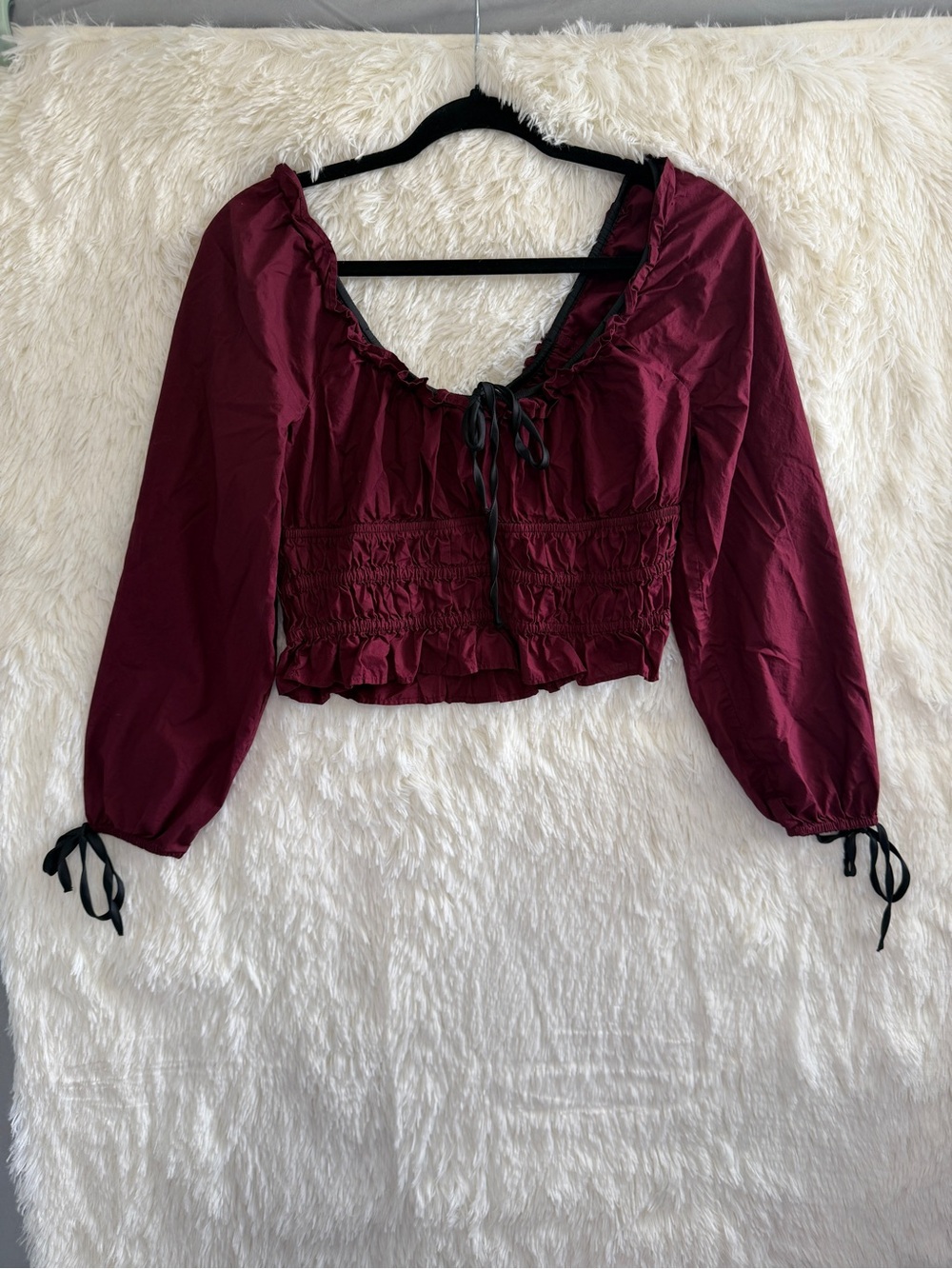American Eagle Womens Whimsigoth Babydoll Ruched Poplin Crop Blouse S Burgundy